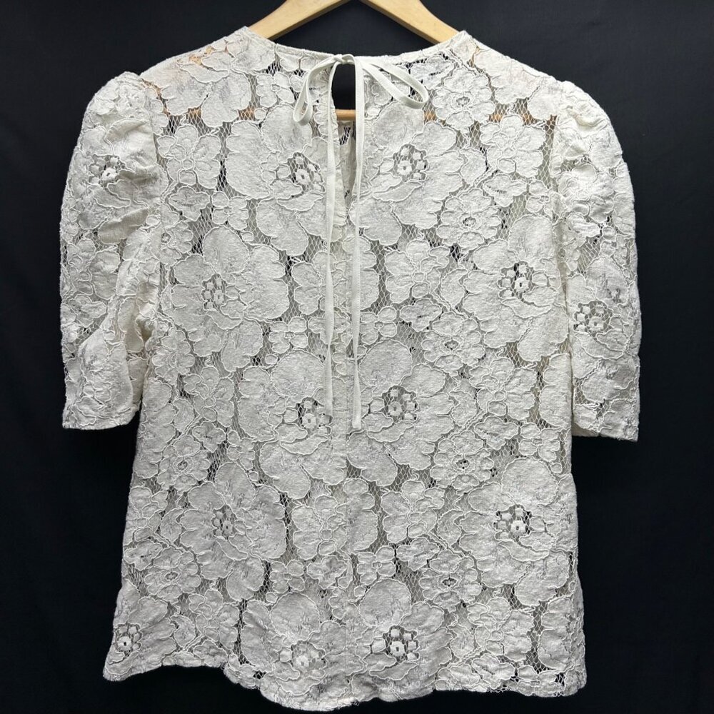WAYF Women's Lace Puff Sleeve Top L Cream Key Hole Tie Neck - Picture 9 of 16